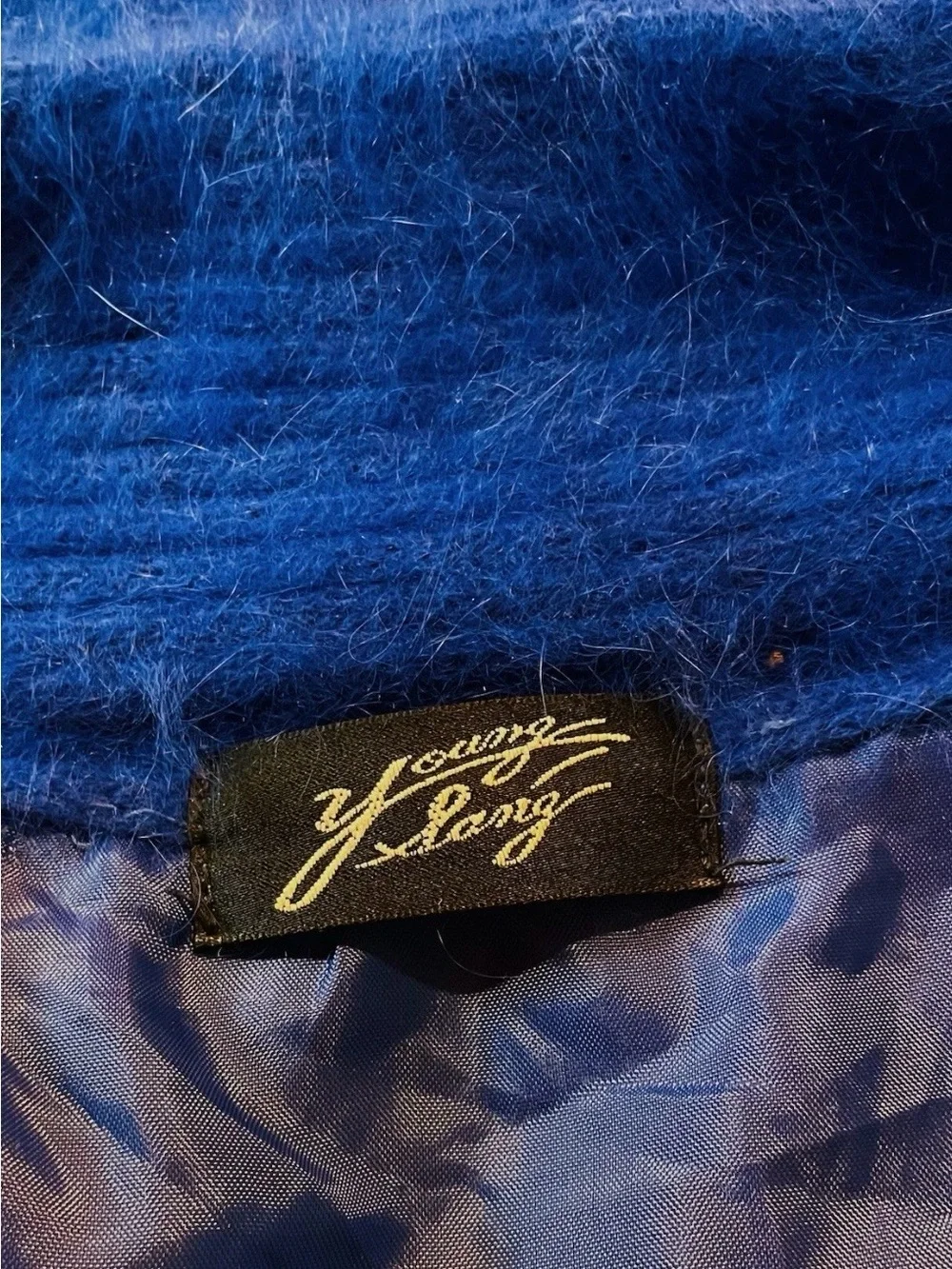 VTG 80% Angora Royal Blue Cardigan Sweater Jacket Beaded 80s Korea Puff Slv XL